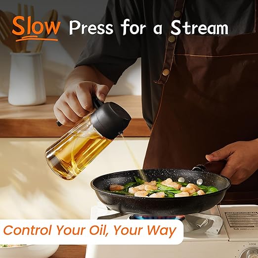 16oz Olive Oil Dispenser Bottle for Kitchen - 2 in 1 Oil Dispenser and Oil Sprayer for Cooking, Air Fryer, Salad, 470ml Olive Oil Sprayer Black