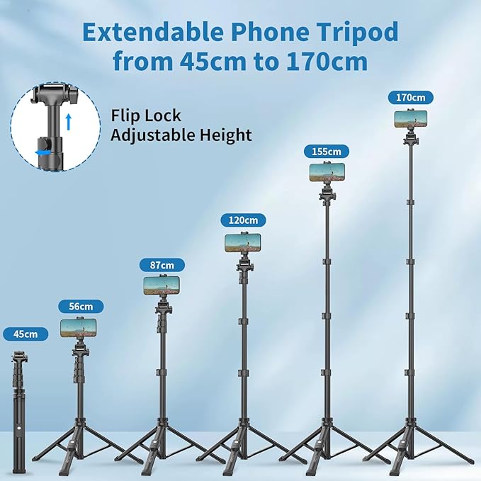 170cm Phone Camera Tripod Stand with Remote & Phone Holder, Tripod for Travel/Video Recording,Tall Smartphone Tripod Compatible with iPhone/Android//Webcamera