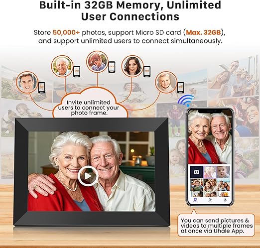 10.1 Inch WiFi Digital Picture Frame 1280x800 HD IPS Touch Screen, Electronic Smart Photo Frame with 32GB Storage, Auto-Rotate, Instantly Share Photos/Videos via Uhale App from Anywhere