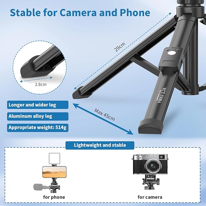 170cm Phone Camera Tripod Stand with Remote & Phone Holder, Tripod for Travel/Video Recording,Tall Smartphone Tripod Compatible with iPhone/Android//Webcamera