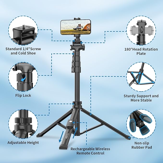 170cm Phone Camera Tripod Stand with Remote & Phone Holder, Tripod for Travel/Video Recording,Tall Smartphone Tripod Compatible with iPhone/Android//Webcamera