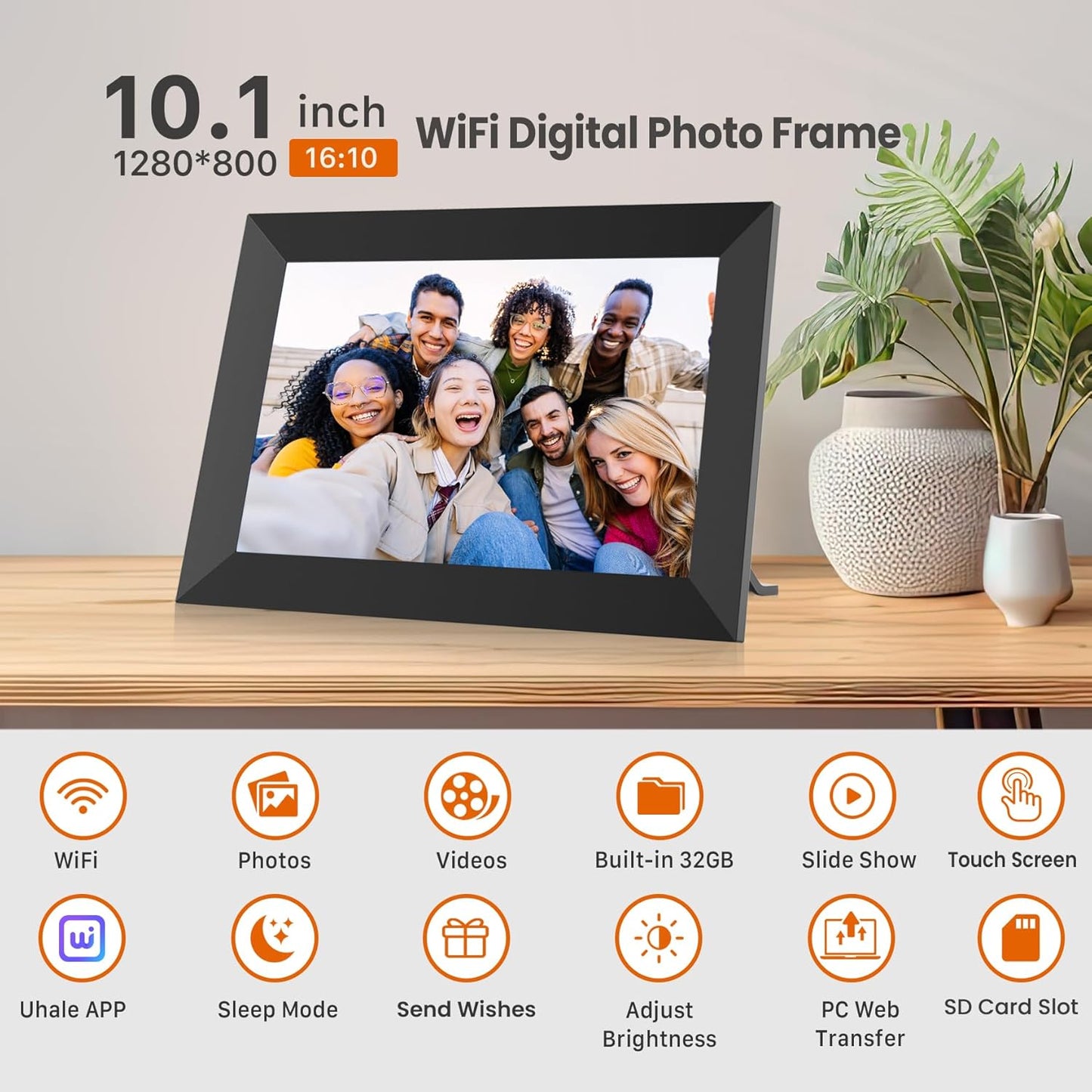 10.1 Inch WiFi Digital Picture Frame 1280x800 HD IPS Touch Screen, Electronic Smart Photo Frame with 32GB Storage, Auto-Rotate, Instantly Share Photos/Videos via Uhale App from Anywhere