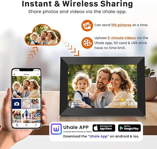 10.1 Inch WiFi Digital Picture Frame 1280x800 HD IPS Touch Screen, Electronic Smart Photo Frame with 32GB Storage, Auto-Rotate, Instantly Share Photos/Videos via Uhale App from Anywhere